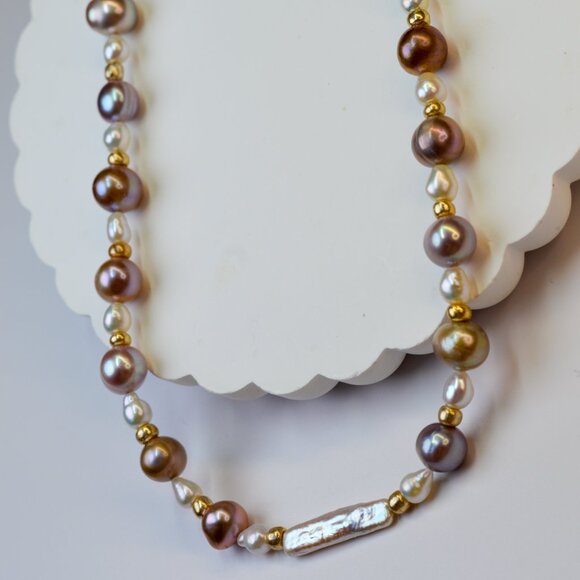 Natural Metallic Purple Pearl Necklace 19" Gold Plated - Picture 5 of 7